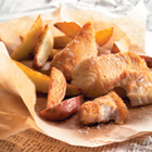 Fish & chips van zeewolf en zoete aardappelen uit de oven