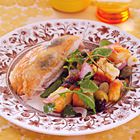 Gebraden kip met brood, citroen en rucola