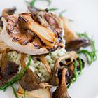 Roodbaars op risotto met eekhoorntjesbrood en cantharellen