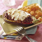 Gebakken aubergine met ham-kerriesaus