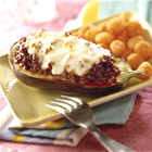 Gevulde aubergine met tomaat en spaghettini