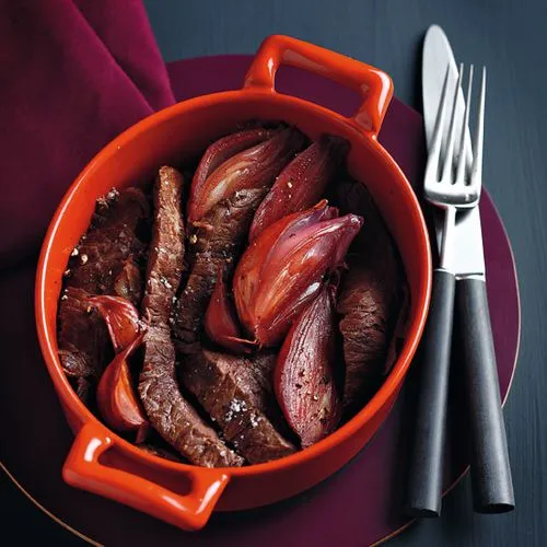 Entrecote met knoflook en gekonfijte sjalot
