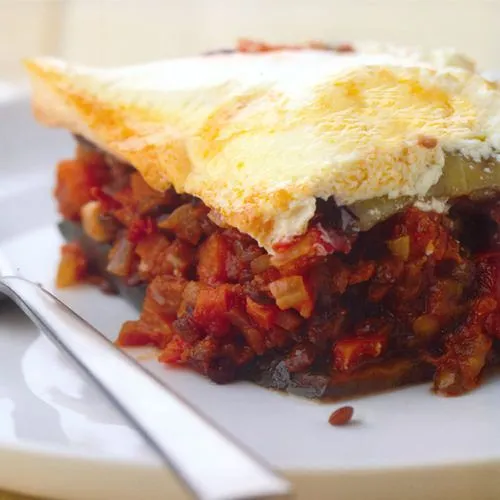 Moussaka met aubergine en linzen