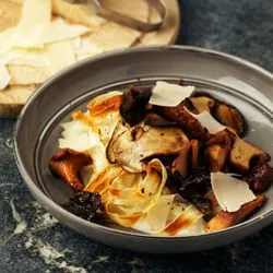 Tip: Schorseneren met paddenstoelen, room en parmezaanschilfers