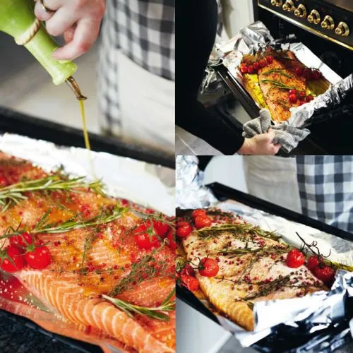 Zalm met tijm, rozemarijn en kerstomaatjes in de oven