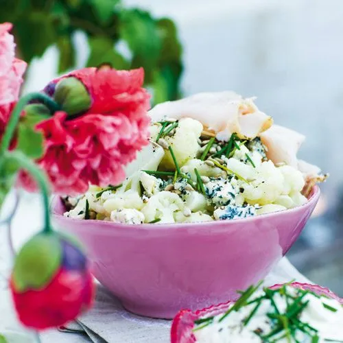 Bloemkool met blauwe kaas en kalkoen