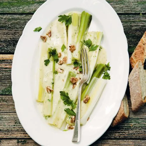 Prei met mosterdvinaigrette