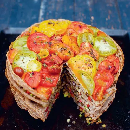 Millefeuille met tomaten en linzen