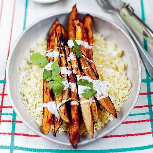 Pittige auberginefrites met couscous
