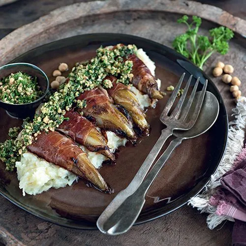 Witlof in ham met knolselderijpuree