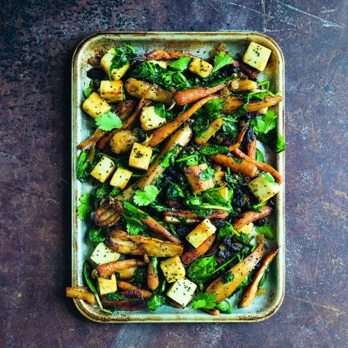 Geroosterde wortel en gekruide pastinaak met paneer