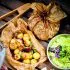 Pakketjes met nieuwe aardappels en tofu-avocadodip