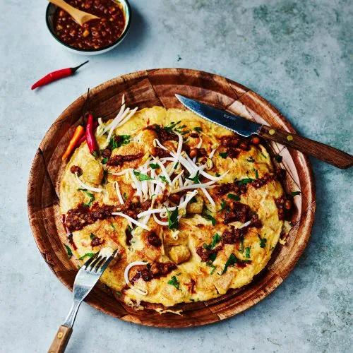 Tofu-omelet met pindasaus