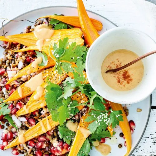 Linzensalade met geroosterde wortel