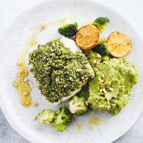 Kabeljauw met pestokorst en broccoli