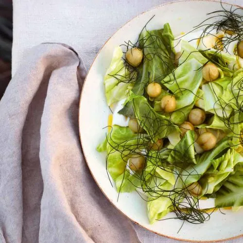 Spitskoolsalade met kwark en gezouten kruisbessen