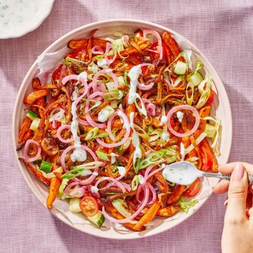 Kapsalon met zoete aardappel en oesterzwamshoarma