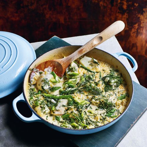 Kabeljauw met kruidige orzo en haricots verts