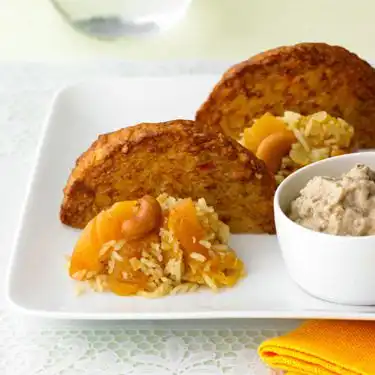 Pilavrijst met baba ganoush en Fruitfilets
