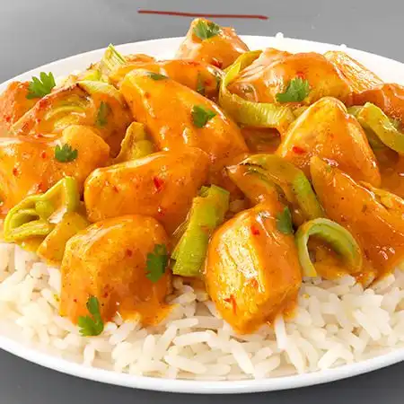 Rijst met kip tandoori en prei