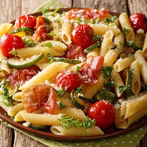 Koude pastasalade met ham, garnalen, courgette en paprika